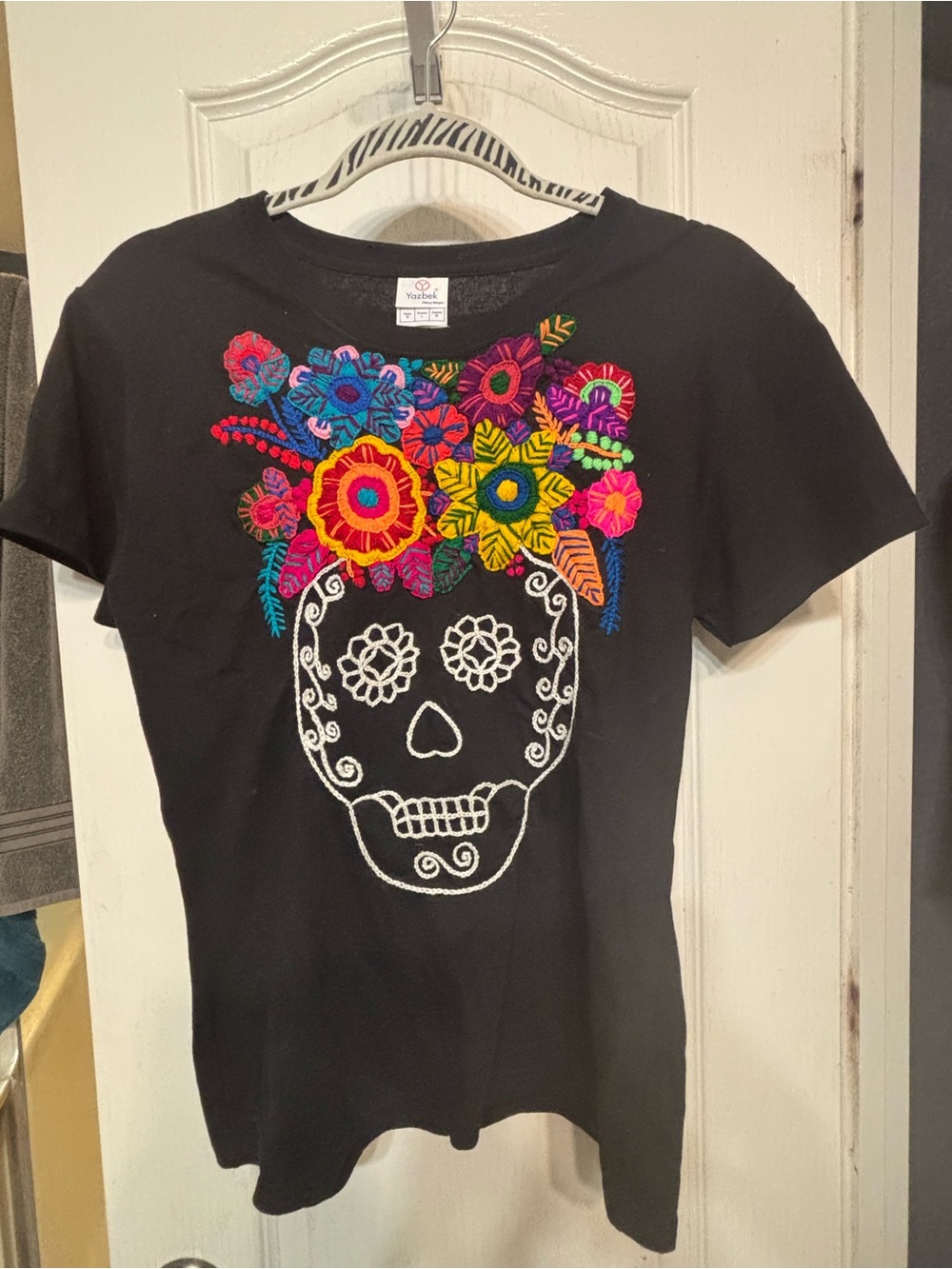 Ladies Black Tee with Floral Sugar Skull Embroidery